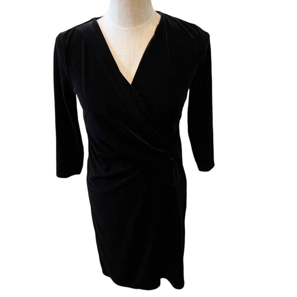 Talbots Black Velvet Elbow Length Sleeve V Neck Dress SP